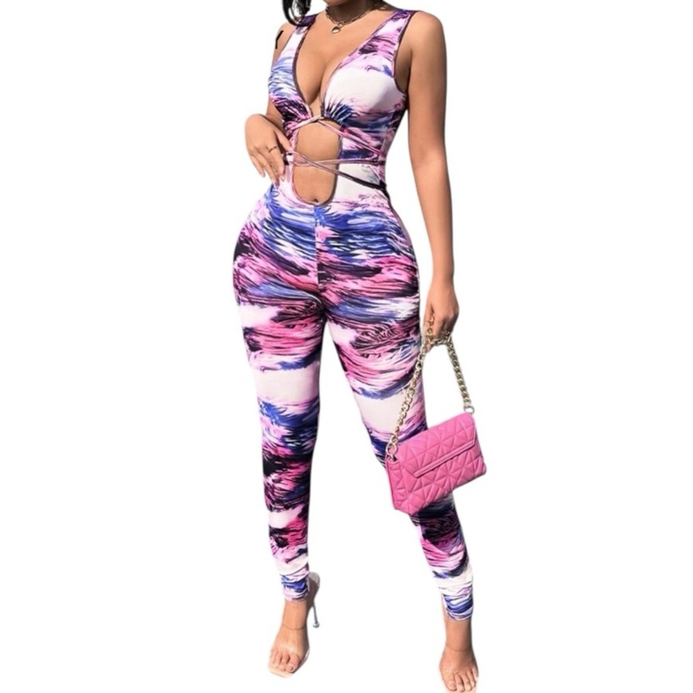🤑 5/$25 SHEIN Purple Pink Peach Sleeveless Multicolor Abstract Unitard Jumpsuit